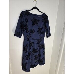 Jody California Navy Floral Velvet Fit & Flare Dress Crew Neck Half Sleeve Large